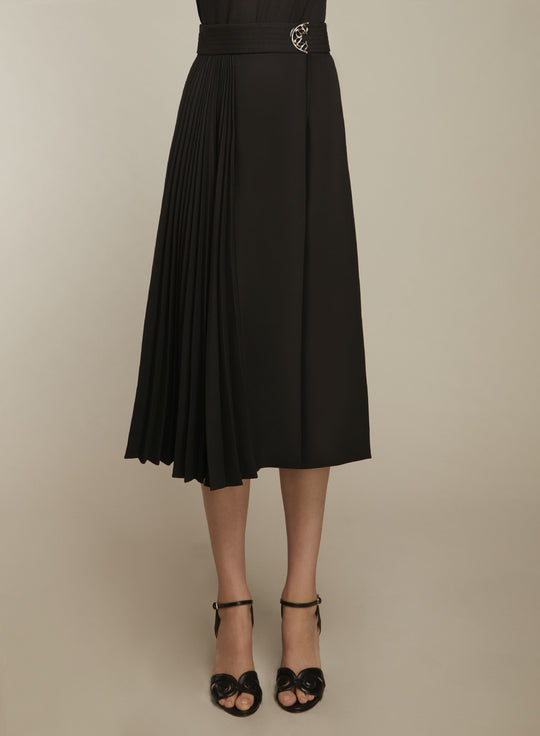 BLACK FLARED WOOL MIDI SKIRT