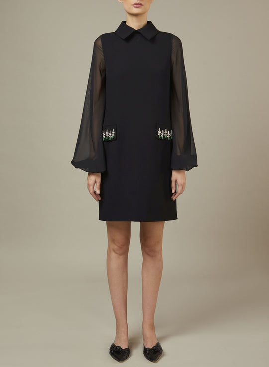 BLACK CREPE SHORT DRESS WITH COLLAR