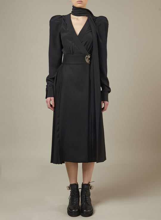 BLACK SILK AND WOOL MIDI DRESS