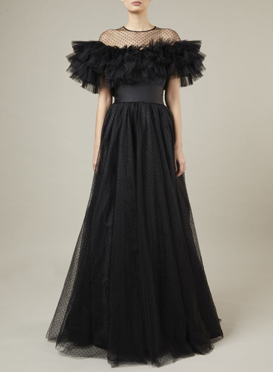 BLACK TULLE FLOCK LONG DRESS