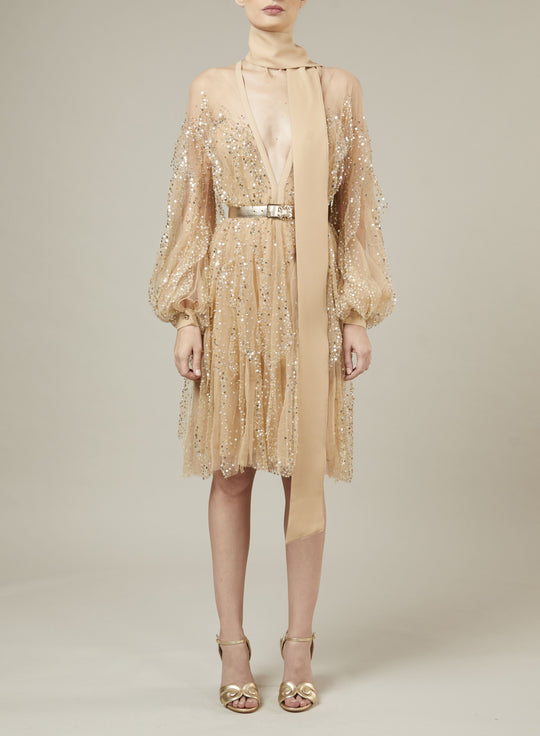 EMBROIDERED SHORT RUFFLED DRESS