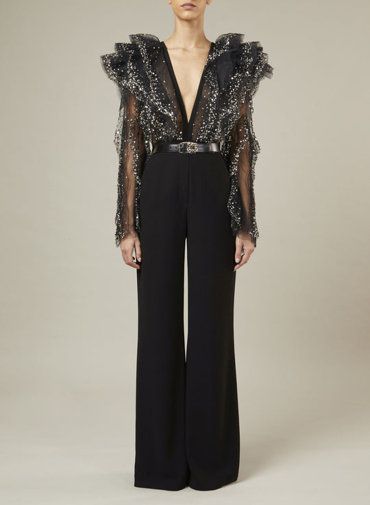 EMBROIDERED RUFFLED JUMPSUIT