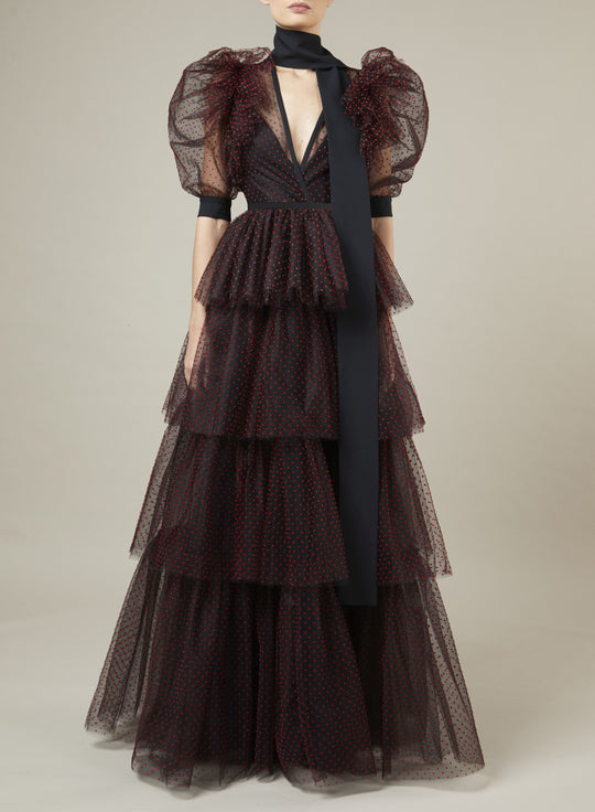 PUFF-SLEEVE TULLE FLOCK DRESS