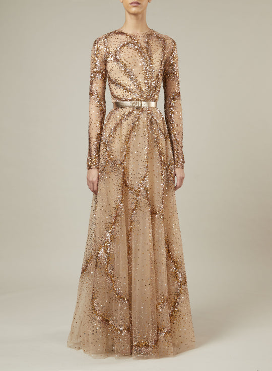 LONG-SLEEVE BEAD EMBROIDERED DRESS