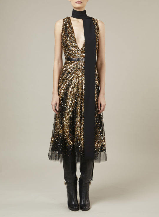 BLACK BEAD EMBROIDERED MIDI DRESS