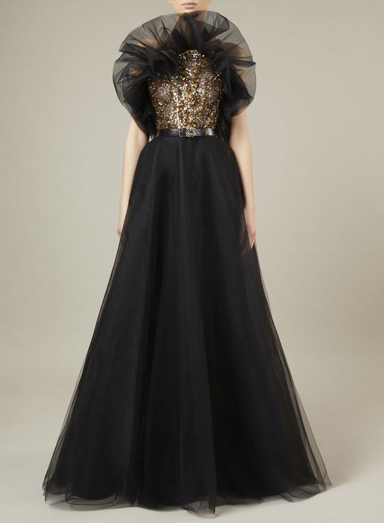 RUFFLED NECKLINE BEAD EMBROIDERED DRESS