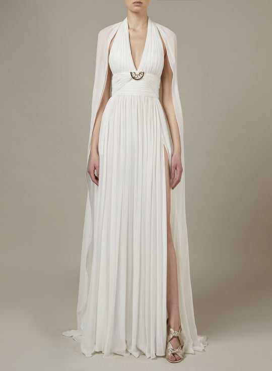 WHITE SILK LONG DRESS WITH SIDE SLIT