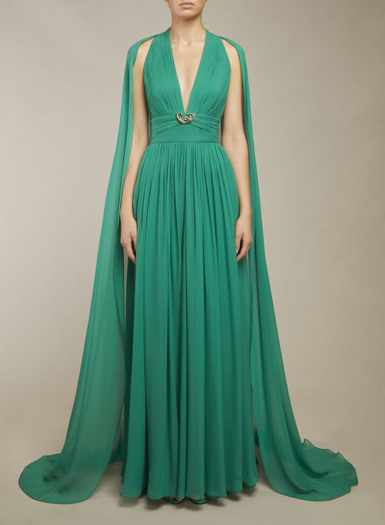 GREEN SILK LONG DRESS WITH SIDE SLIT