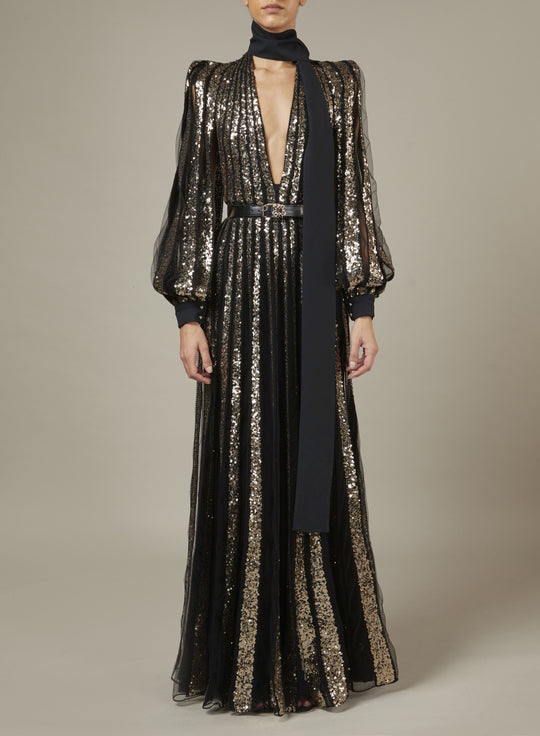 DEEP V-NECK EMBROIDERED TULLE DRESS