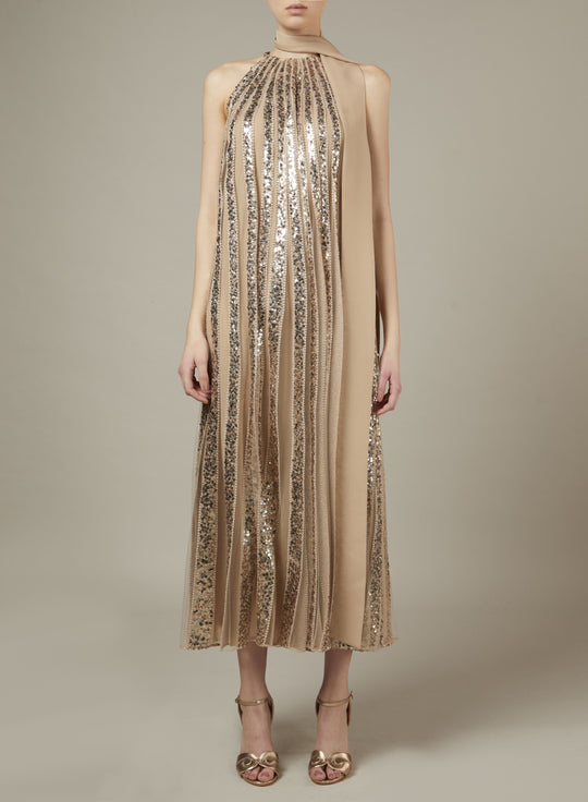 HALTERNECK EMBROIDERED TULLE DRESS