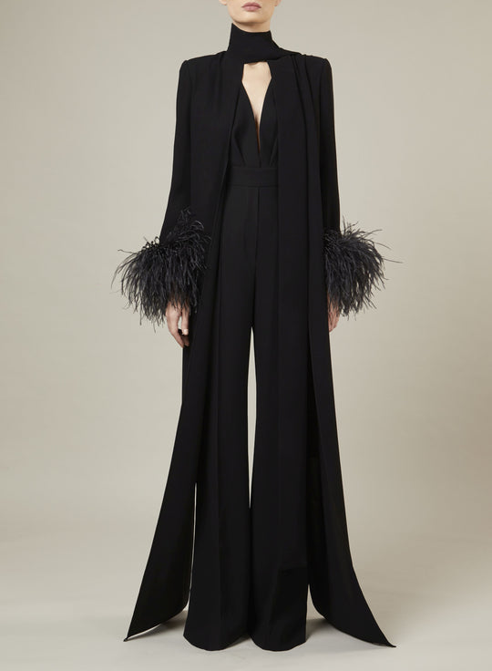 BLACK CREPE AND FEATHER JUMPSUIT