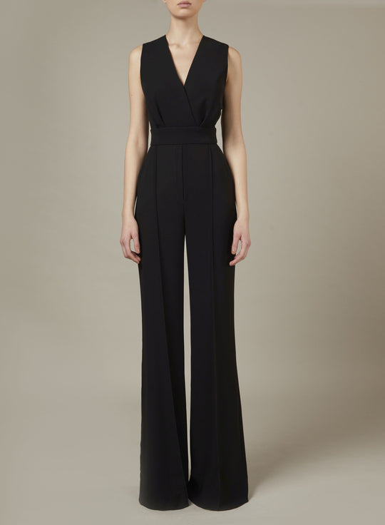 BLACK V-NECK CREPE JUMPSUIT