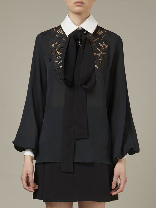 BLACK MACRAMÉ AND SILK BLOUSE