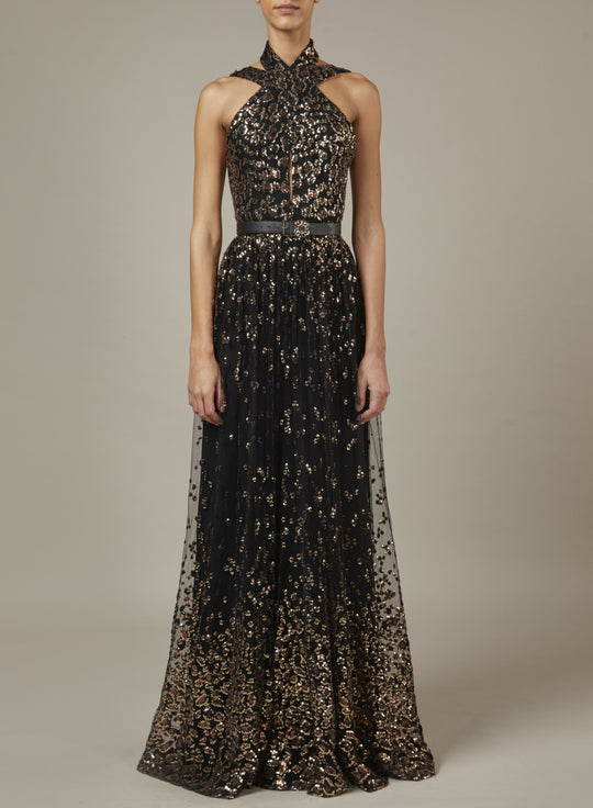 EMBROIDERED TULLE LONG DRESS