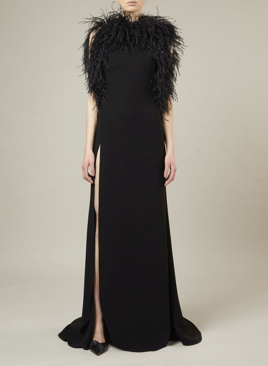 BLACK OPEN BACK FEATHER DRESS