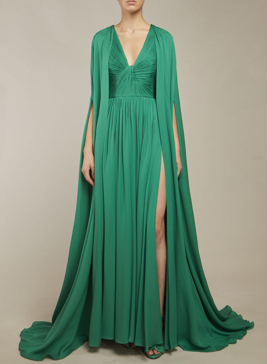 GREEN SILK DRESS WITH SIDE SLIT