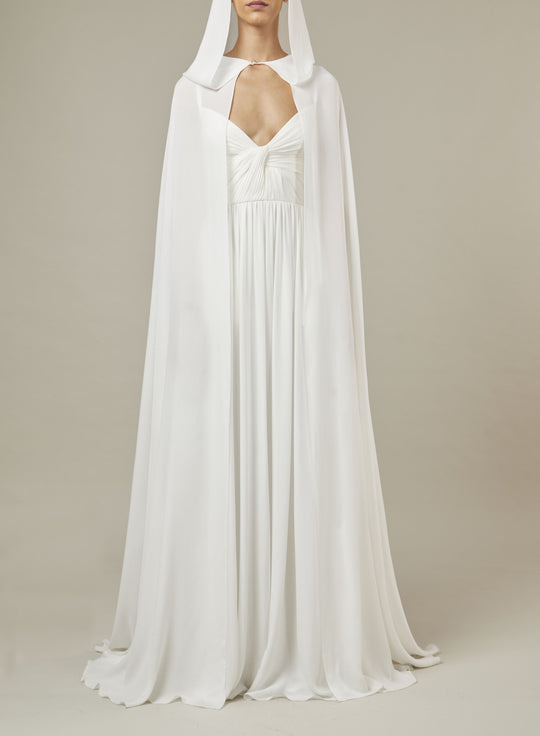 SILK LONG DRESS WITH HOODIE CAPE