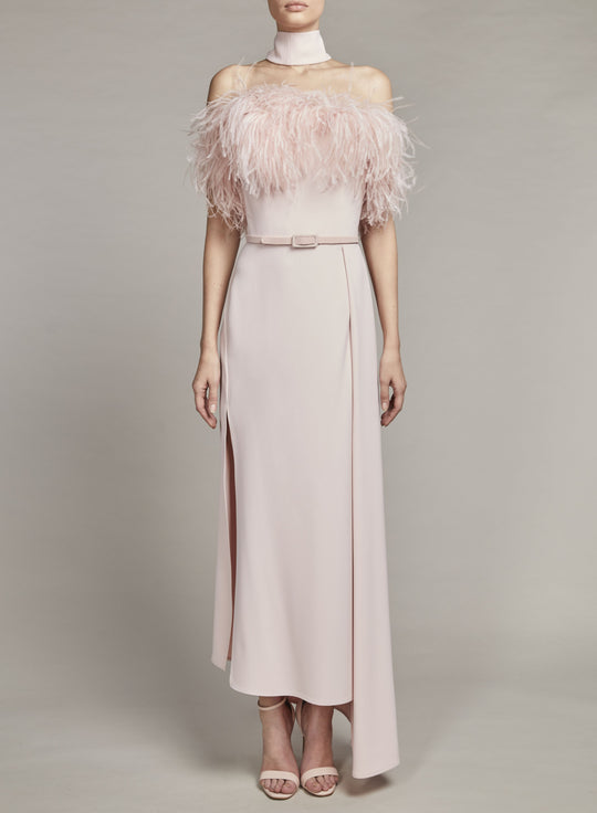 CREPE AND FEATHER MIDI DRESS