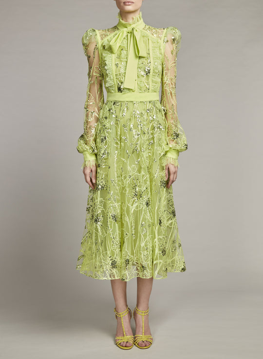 PUFF-SLEEVE EMBROIDERED MIDI DRESS