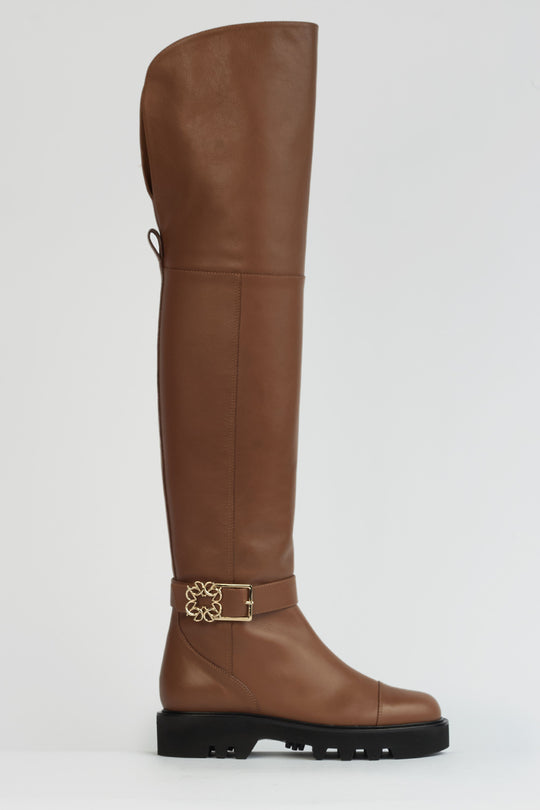 BROWN COMBAT OVER THE KNEE BOOT
